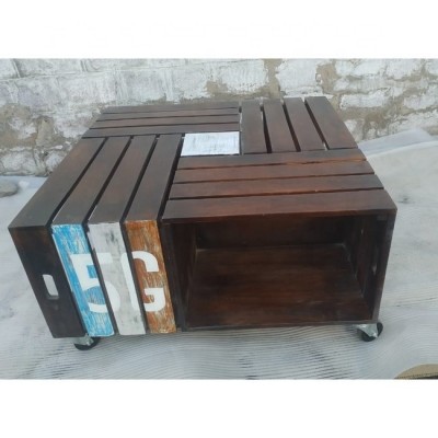 SQUARE RECYCLED WOODEN COFFEE TABLE ON WHEELS, INDUSTRIAL LIVING ROOM FURNITURE